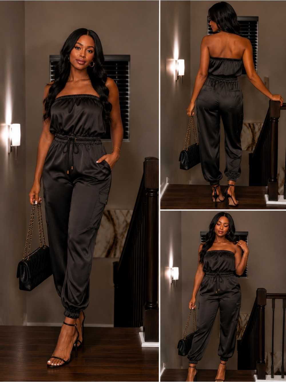 Blush Strapless Satin Jumpsuit - Black